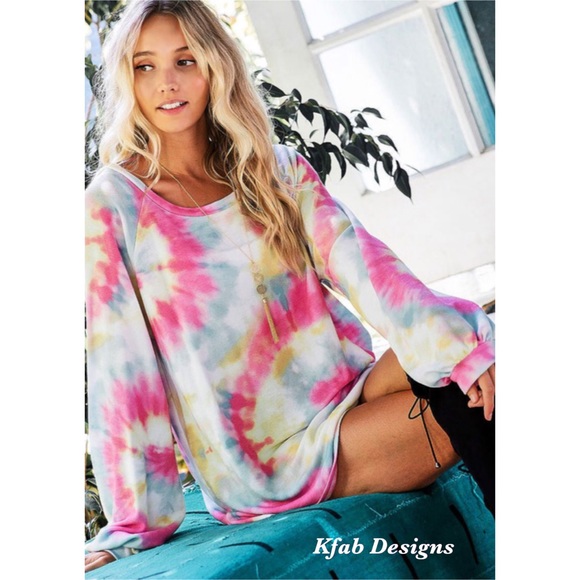 💖LAST 1 Pink French Terry Tie Dye Puff Sleeve Top - Picture 3 of 9